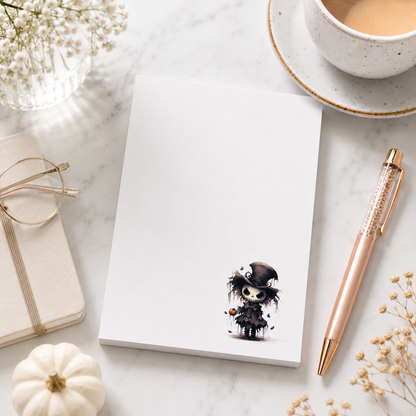 Halloween witch notepad with cute gothic witch illustration in the lower corner, minimalist writing space, spooky stationery gift.