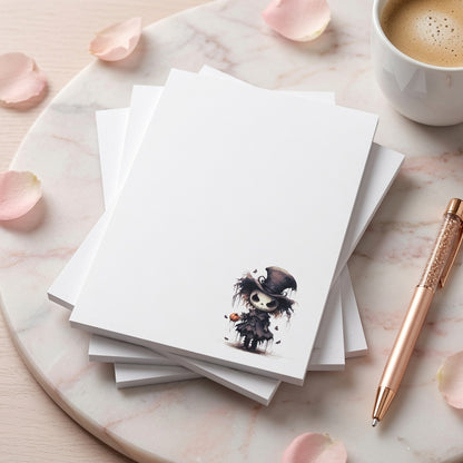 Halloween witch notepad with cute gothic witch illustration in the lower corner, minimalist writing space, spooky stationery gift.