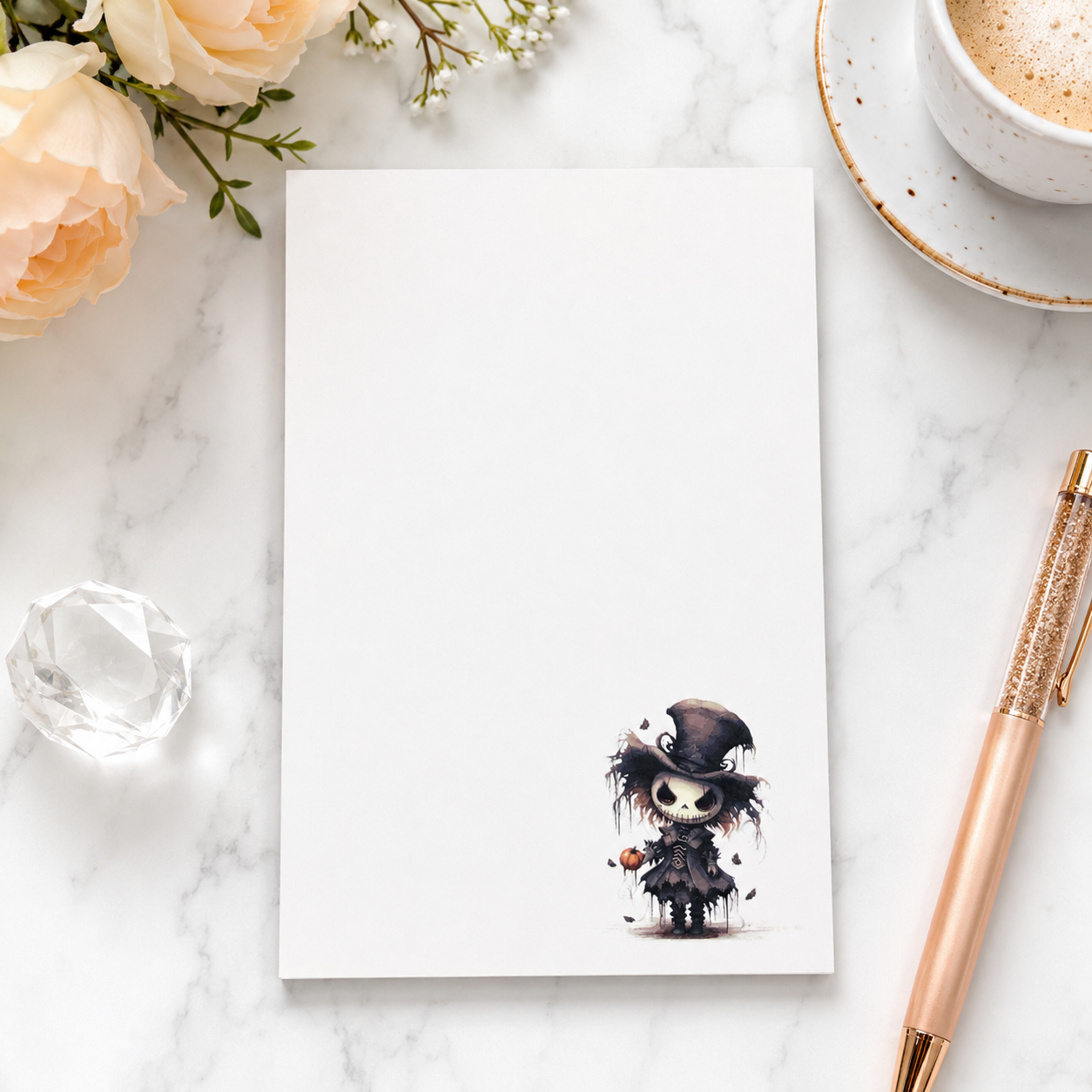 Halloween witch notepad with cute gothic witch illustration in the lower corner, minimalist writing space, spooky stationery gift.