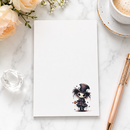 Halloween witch notepad with cute gothic witch illustration in the lower corner, minimalist writing space, spooky stationery gift.