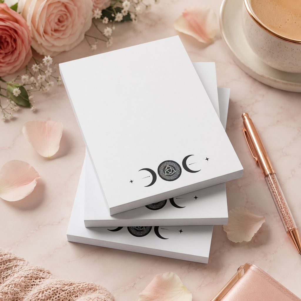 White triple moon notepad with Celtic knot moon symbol and celestial moon phase design on a soft pink feminine desktop with rose gold pen and floral accents.