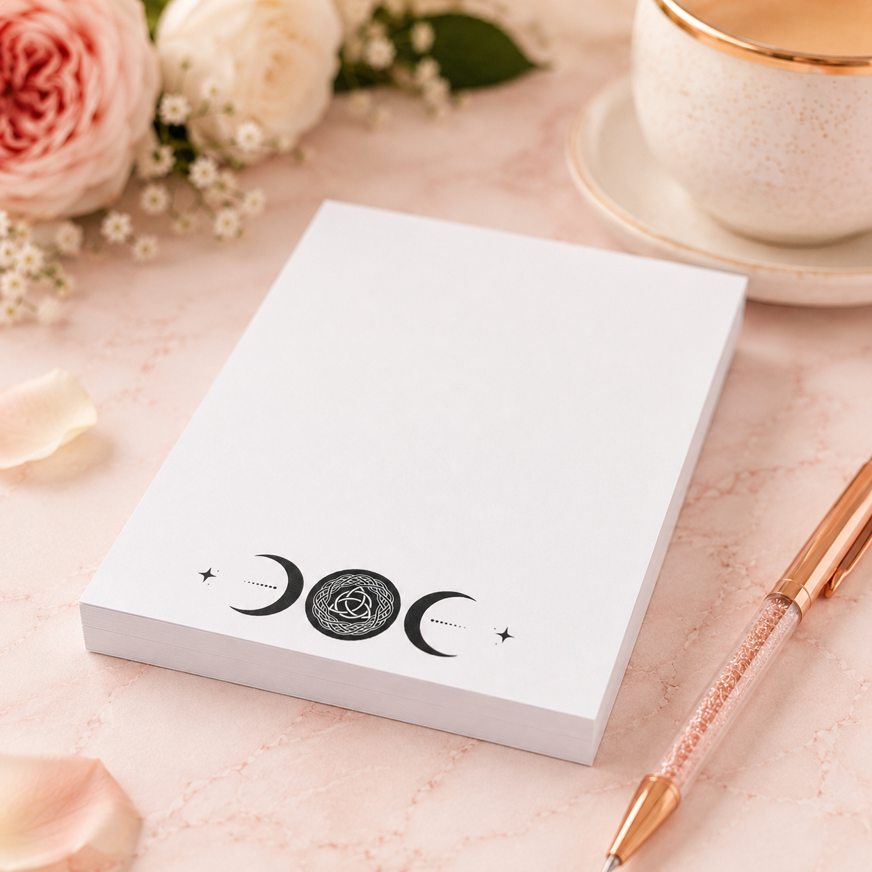 White triple moon notepad with Celtic knot moon symbol and celestial moon phase design on a soft pink feminine desktop with rose gold pen and floral accents.