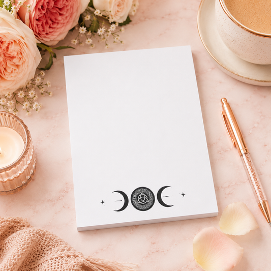 White triple moon notepad with Celtic knot moon symbol and celestial moon phase design on a soft pink feminine desktop with rose gold pen and floral accents.