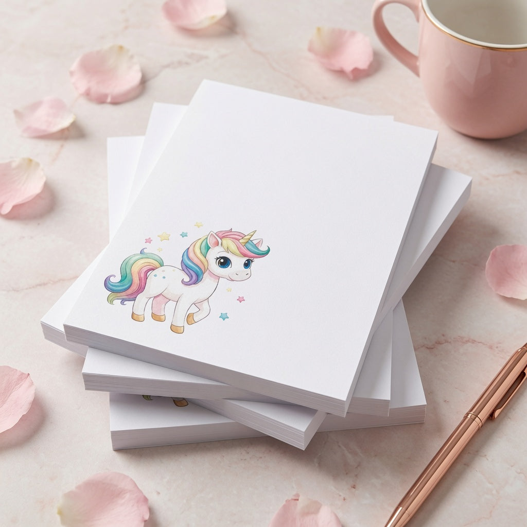 Cute unicorn notepad with rainbow pastel unicorn illustration on white paper pad, kawaii stationery gift for notes and reminders.