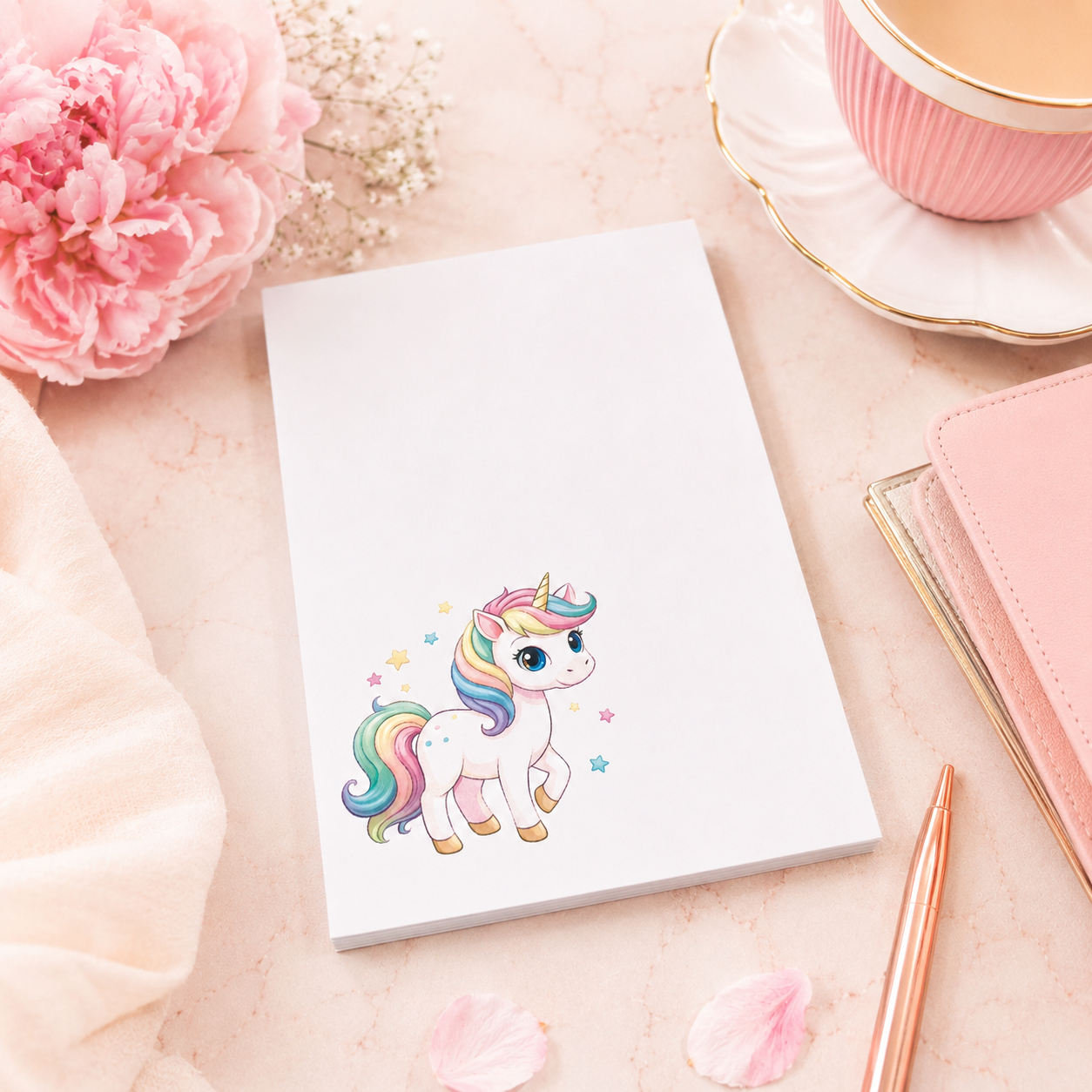 Cute unicorn notepad with rainbow pastel unicorn illustration on white paper pad, kawaii stationery gift for notes and reminders.