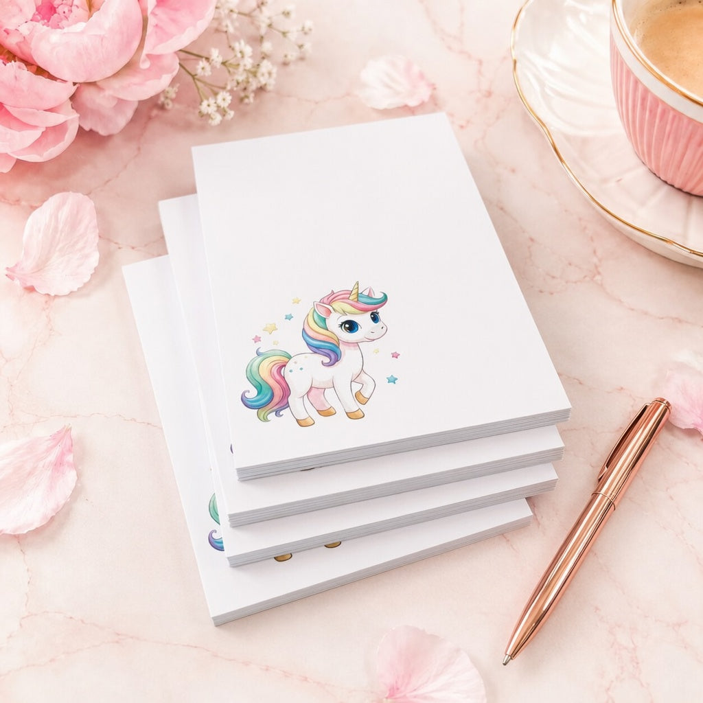 Cute unicorn notepad with rainbow pastel unicorn illustration on white paper pad, kawaii stationery gift for notes and reminders.