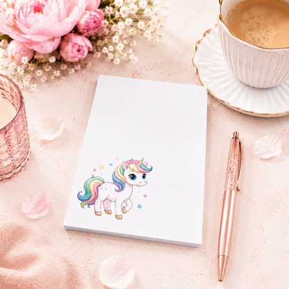 Cute unicorn notepad with rainbow pastel unicorn illustration on white paper pad, kawaii stationery gift for notes and reminders.