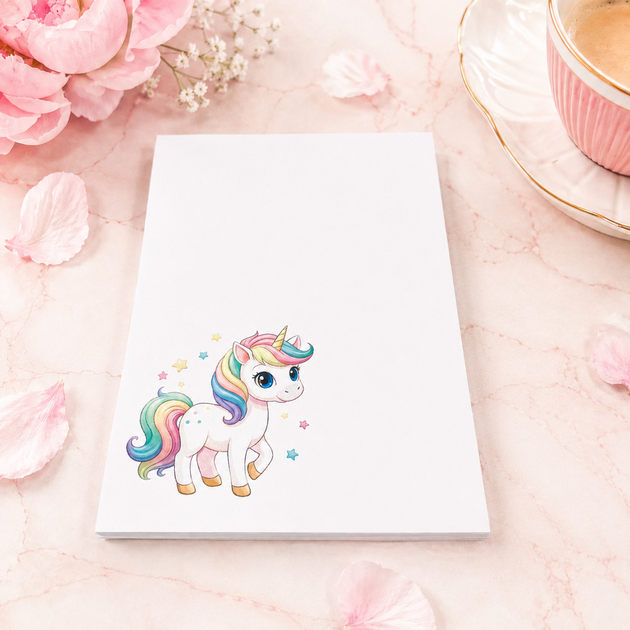 Cute unicorn notepad with rainbow pastel unicorn illustration on white paper pad, kawaii stationery gift for notes and reminders.