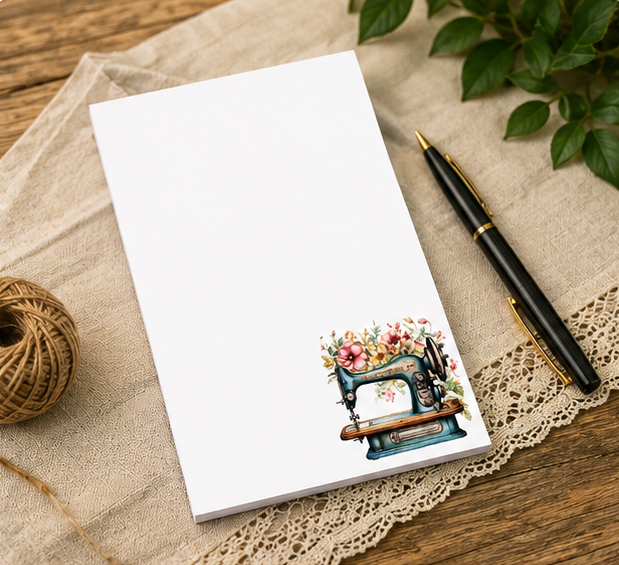 Vintage sewing machine notepad featuring floral watercolor accents and a teal antique sewing machine design, ideal for quilters, sewists, and sewing room organization.