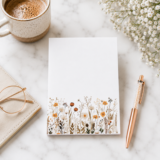 Small floral wildflower notepad with botanical border design and blank writing space, cottagecore stationery on marble desktop with rose gold pen.