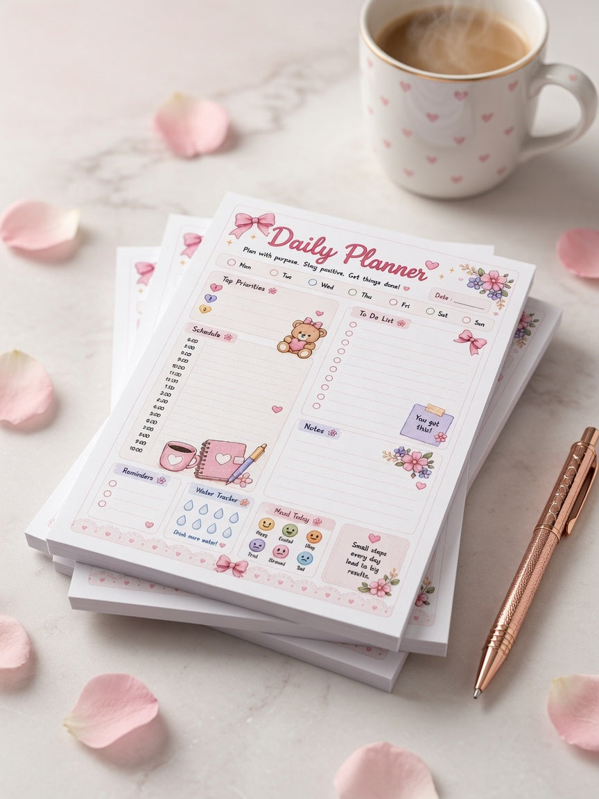 Daily Planner Notepad | Cute Productivity Planner Pad | Pink Floral To Do List & Schedule Organizer